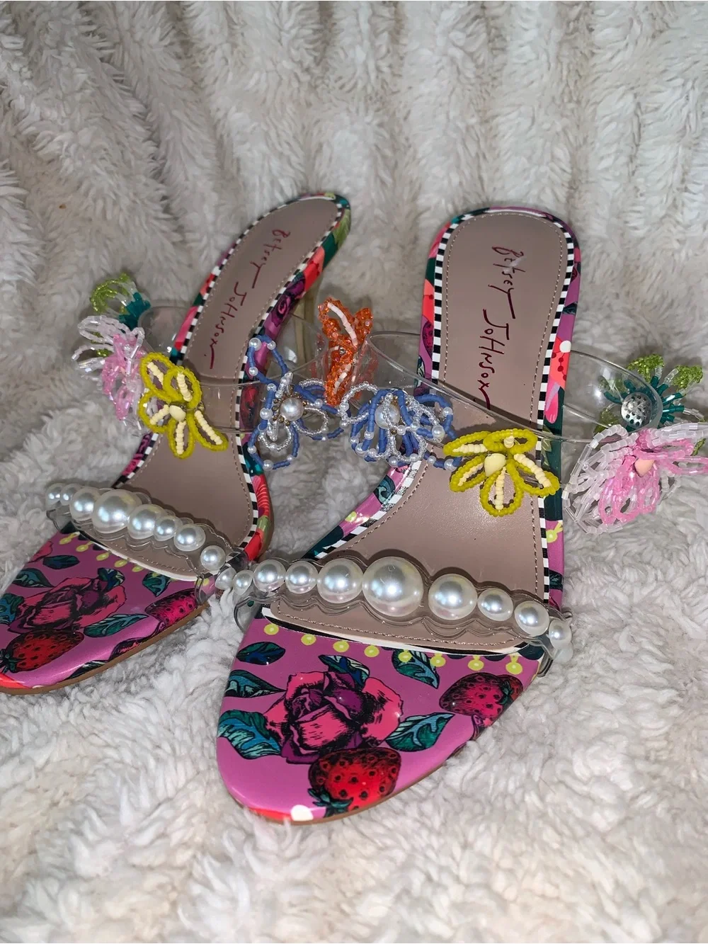 NWOB Betsey Johnson Goldiee Embellished Open-Toe Heels In Berry Multicolor 7.5